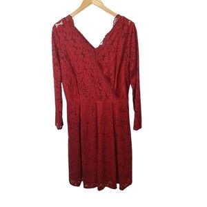 Miss May Long‎ Sleeve V-Neck Lace Dress XL Red Christmas Holiday Lined Pleated